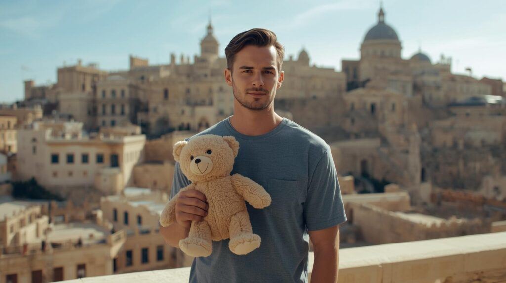 man with teddy bear in malta