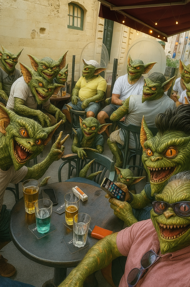 The Gremlins at a bar in Malta