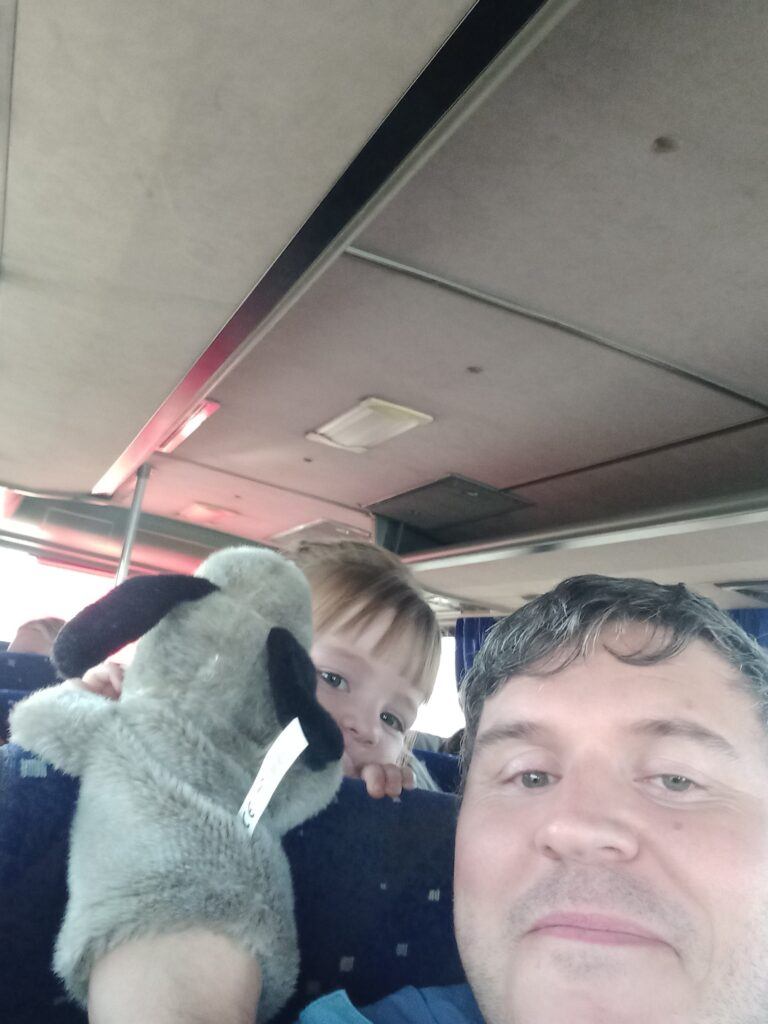 Me and my niece on mini bus at start of Pirate Ship Tour pick up from Managvat Turkey