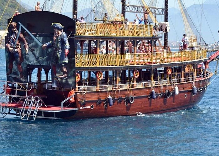 Pirate ship river boat tour with waterfall and market in manavgat antalya Turkey