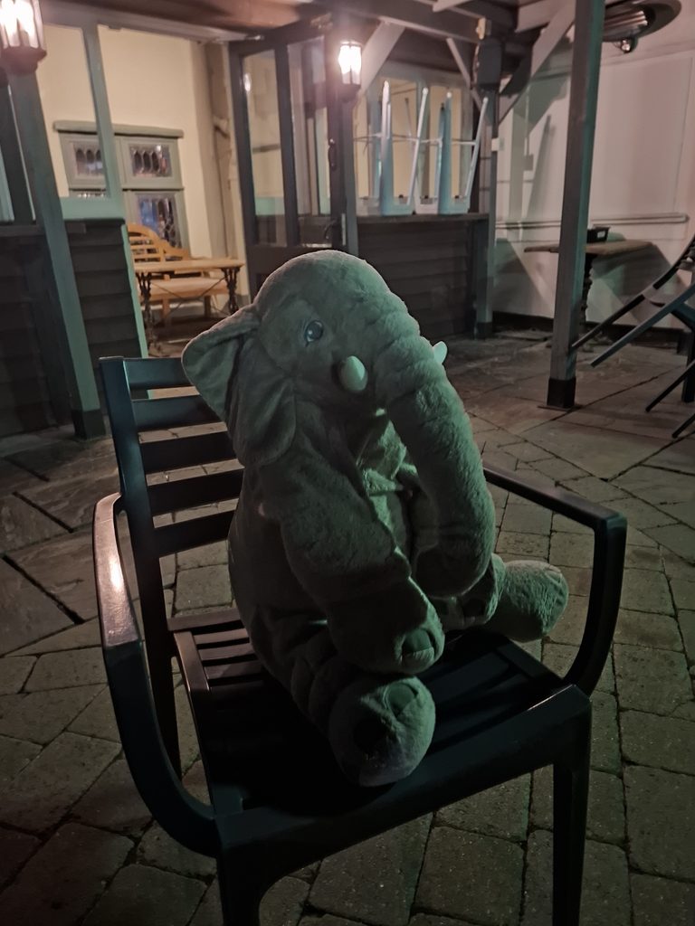 Toy Elephant sitting on a chair at the pub